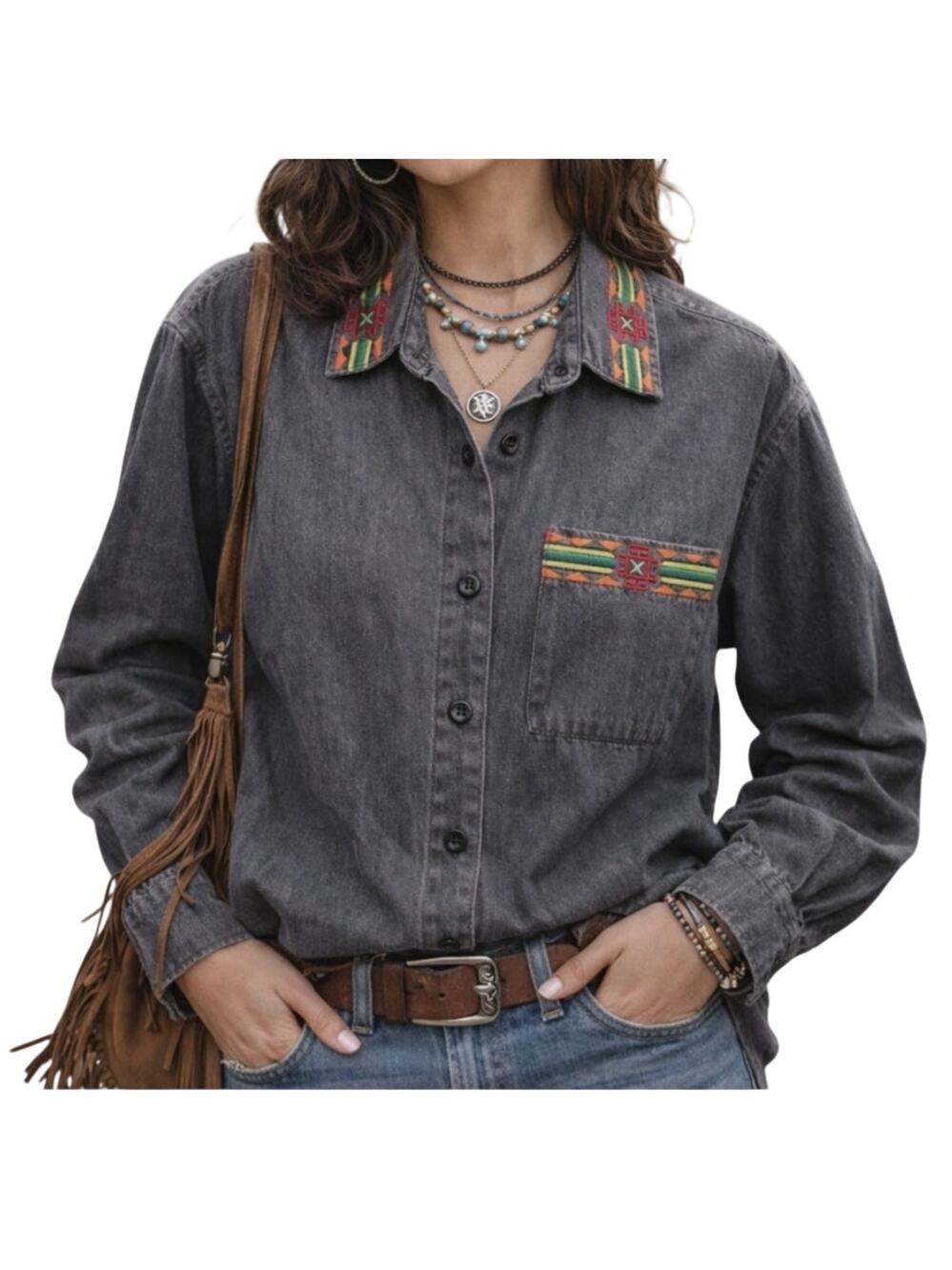 Vintage Pendleton Southwestern Trim Chambray Shirt Knockabouts Serape Boho Indie